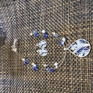 NWOT Crystal & Blue Enamel Teardrop Bead Necklace & Earring Set Plated